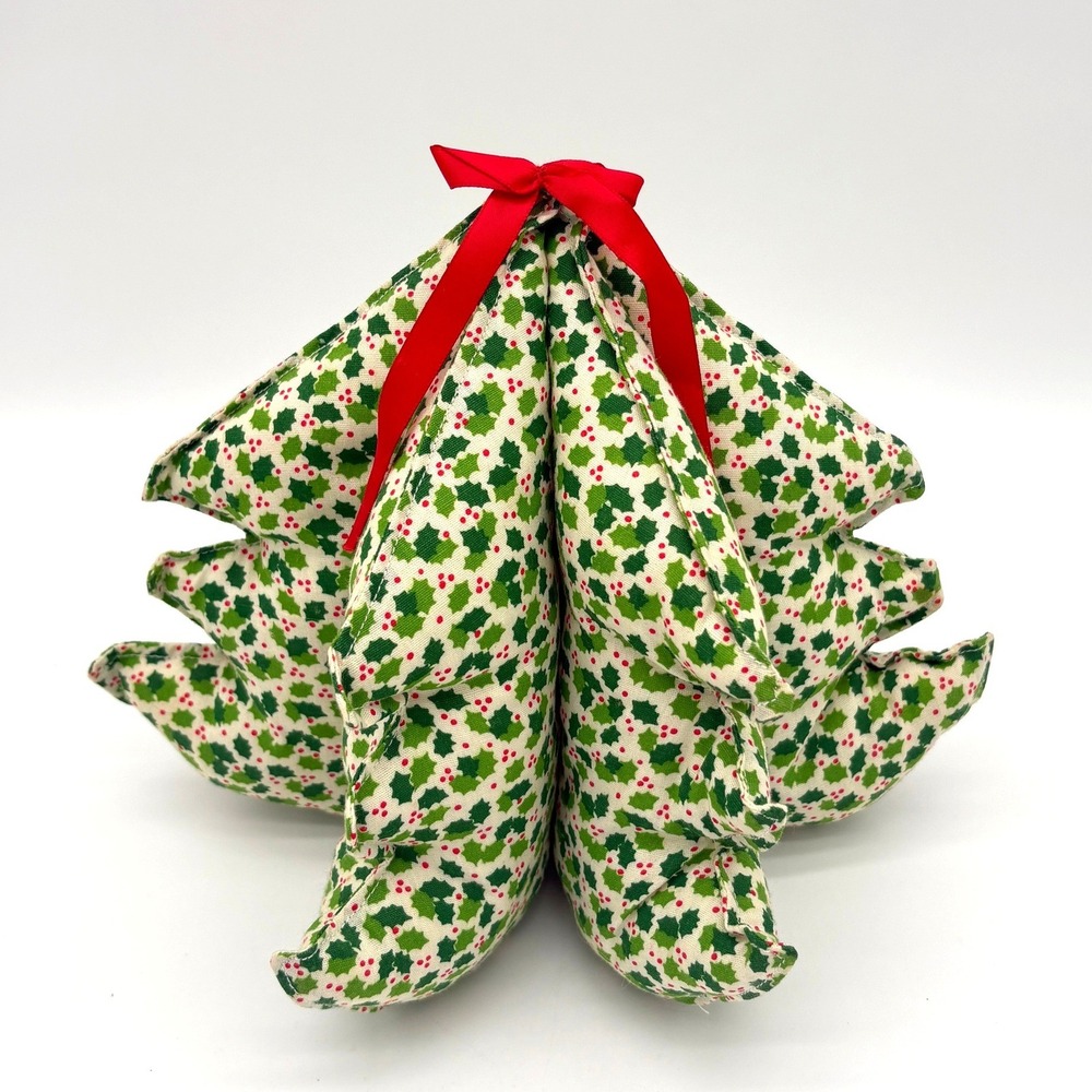 Handmade Fabric Christmas Tree Tabletop Decor Holly Berry Print Red Ribbon Bow